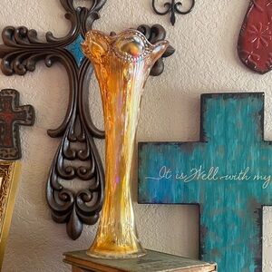 Beaded Bullseye Swung Vase Marigold Carnival Glass